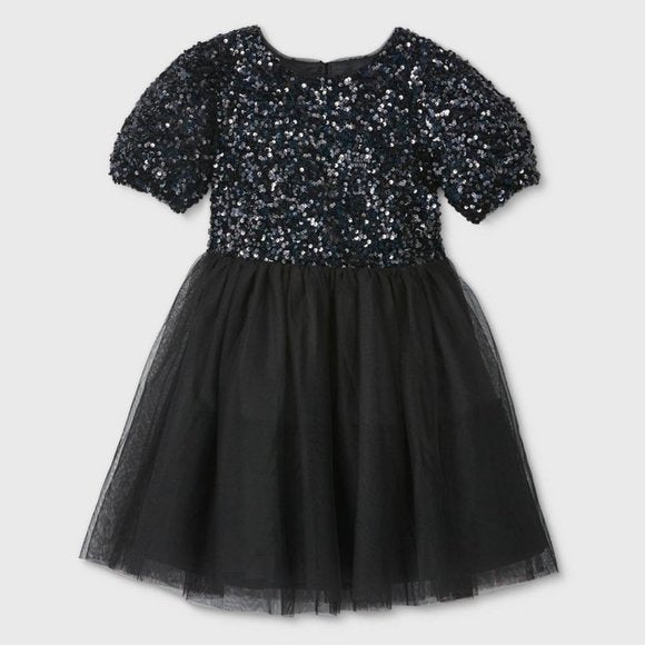 Girls' Puff Sleeve Sequin Tulle Dress - Cat & Jack Black (6) Girls' Puff Sleeve Sequin Tulle Dress - Cat & Jack Black (6)