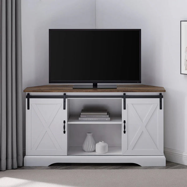 Sliding Barn Door Corner TV Stand 52 Inch -  Rustic Oak/Solid White