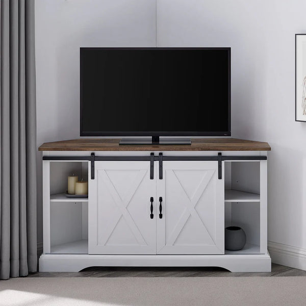 Sliding Barn Door Corner TV Stand 52 Inch -  Rustic Oak/Solid White