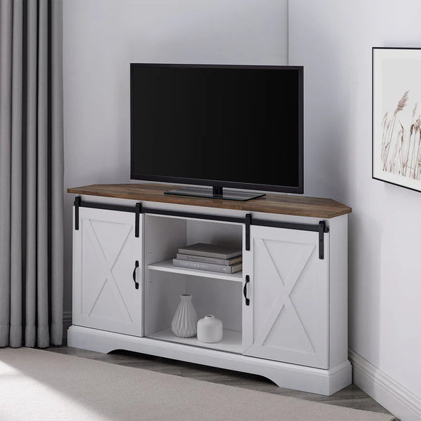 Sliding Barn Door Corner TV Stand 52 Inch -  Rustic Oak/Solid White