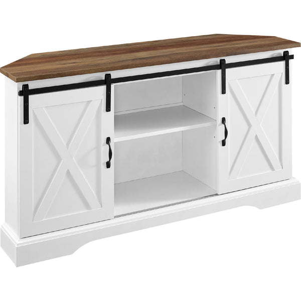 Sliding Barn Door Corner TV Stand 52 Inch -  Rustic Oak/Solid White