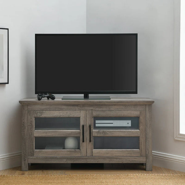 Transitional Modern Farmhouse Wood Corner TV Stand - Grey Wash