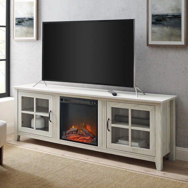 Walker Edison 70 Inch Glass Door Fireplace TV Console - Birch 1