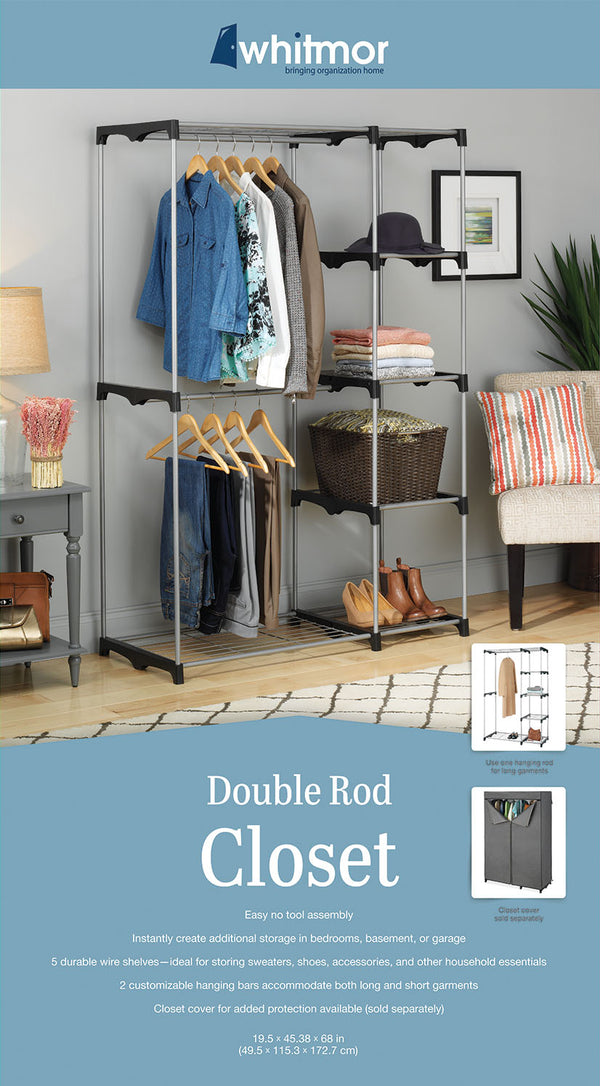 Double Rod Closet System, Metal with Resin Connectors, Silver and Black