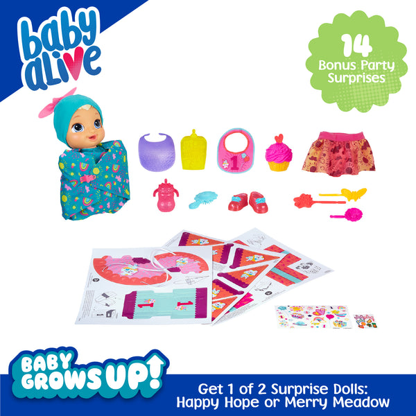 Baby Alive Baby Grows Up 1 Growing Doll Toy, 14 Party Surprises