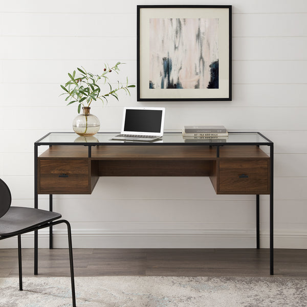 Carlisle Dark Walnut 2-Drawer Glass Top Writing Desk by River Street Designs