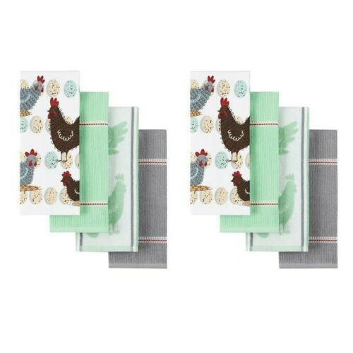 Culinary Classics 8 Piece Kitchen Towel Set - Funky Chicken Mint/Gray