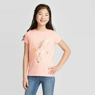 Girl's T-Shirt Peach/Gold Unicorn (7/8/10/12)