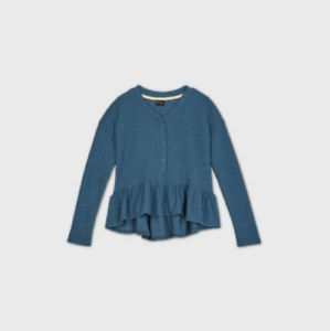 Girl's Henley Peplum Long Sleeve Top Waffle Knit Blue (10/12/14/16)