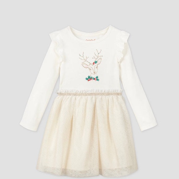 Toddler girls floral deer tulle long sleeve dress (18 months)