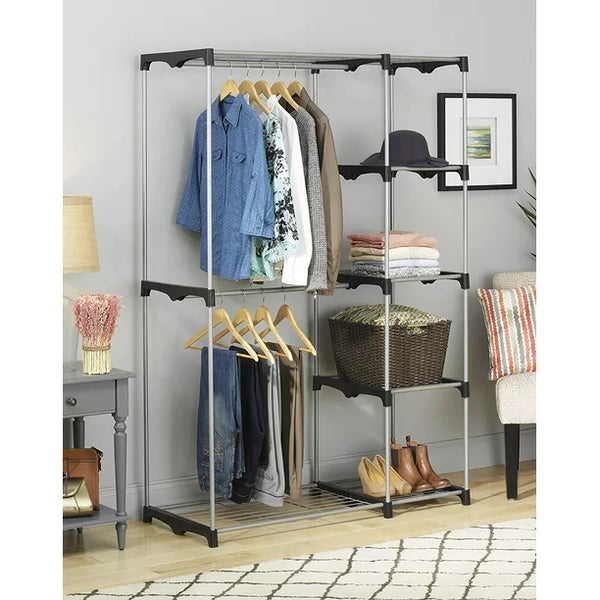 Double Rod Closet System, Metal with Resin Connectors, Silver and Black