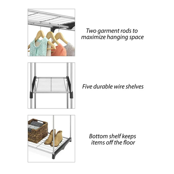Double Rod Closet System, Metal with Resin Connectors, Silver and Black