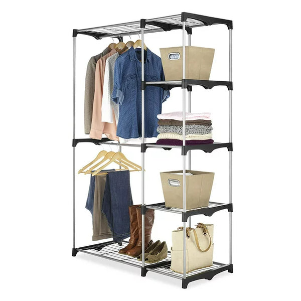 Double Rod Closet System, Metal with Resin Connectors, Silver and Black