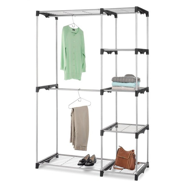 Double Rod Closet System, Metal with Resin Connectors, Silver and Black